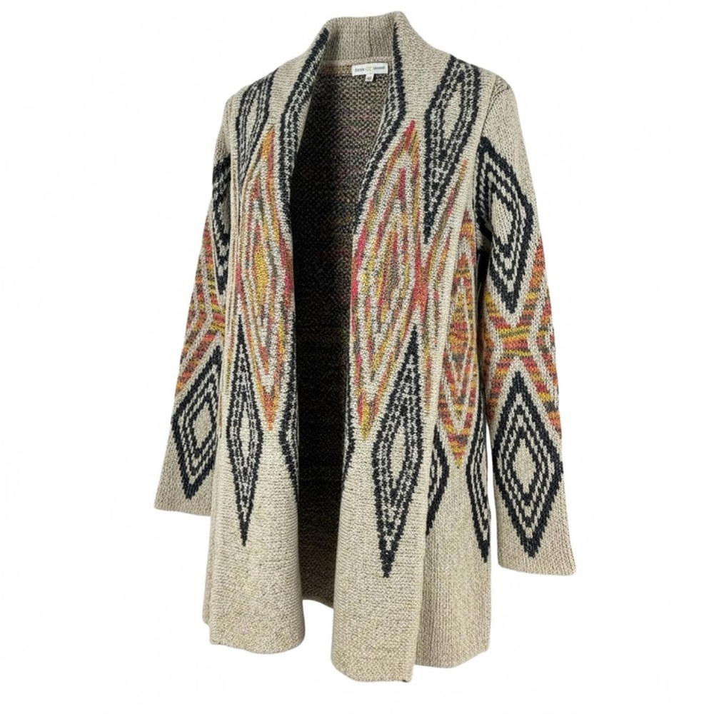 Woven Heart Geometric Patterned Open Front Cardigan Sweater - Size XS